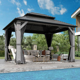 COVERONICS 10FT x 12FT Outdoor Hardtop Gazebo - Patio Cedar Wood Post Gazebo with Galvanized Steel Hardtop, Heavy-Duty Double Roof Pavilion with Netting & Curtains for Garden, Poolside, Deck, Backyard